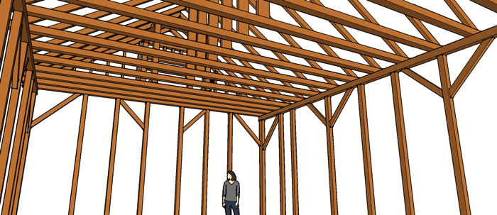 Timber Frame Church 3D Model looking up at loft