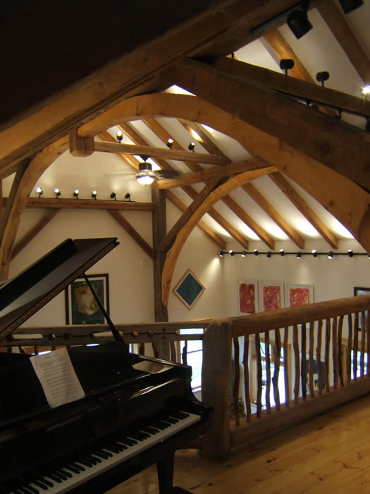 Timber frame mezzanine with live railings and balusters