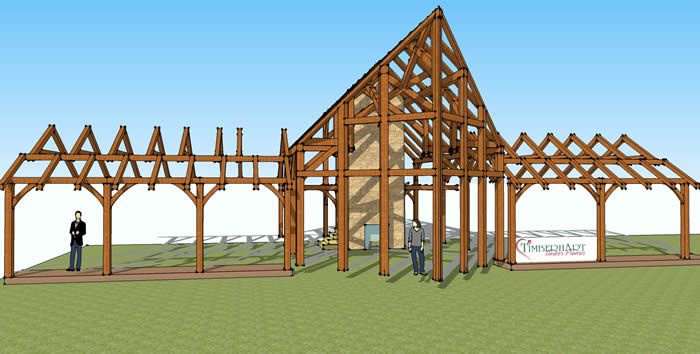 Timber Frame 3D model front view, prow timber frame
