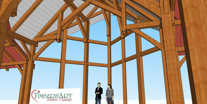 Timber Frame greatroom 3D model, prow timber frame